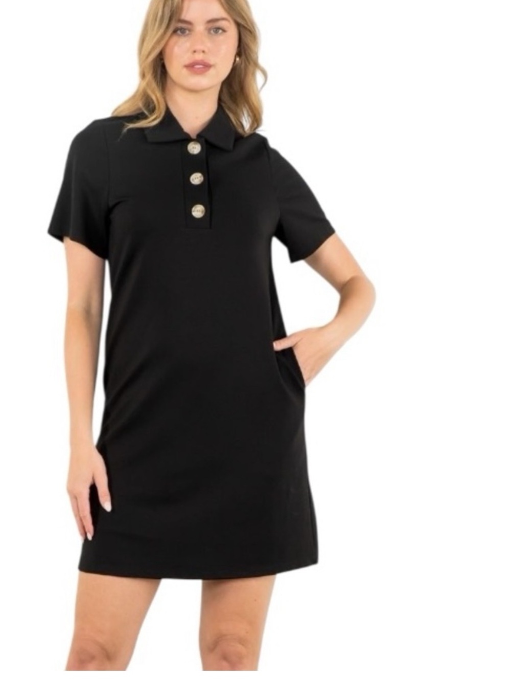 THML Shirt Dress Black Short Sleeve Polo Collar Stretch Ponte Knit Mini Dress